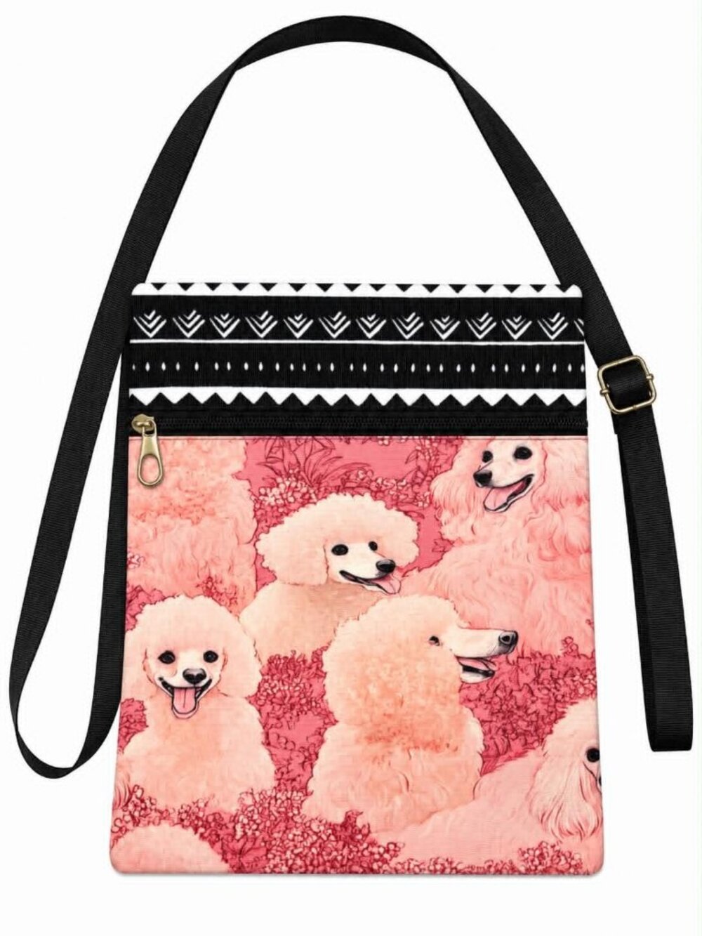Poodle Dog Print Crossbody Bag with Adjustable Black Strap
